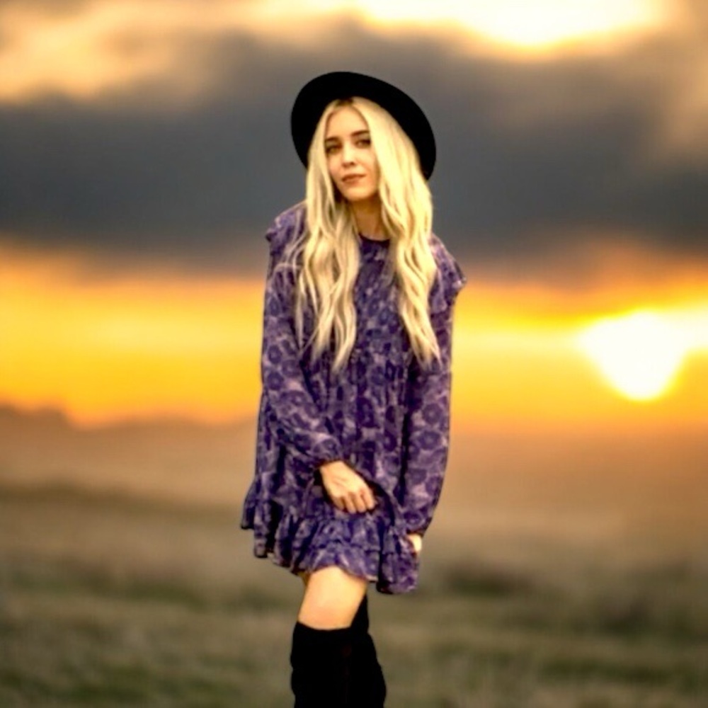 Free People Purple These Dreams Long Sleeve Ruffle Mini Dress